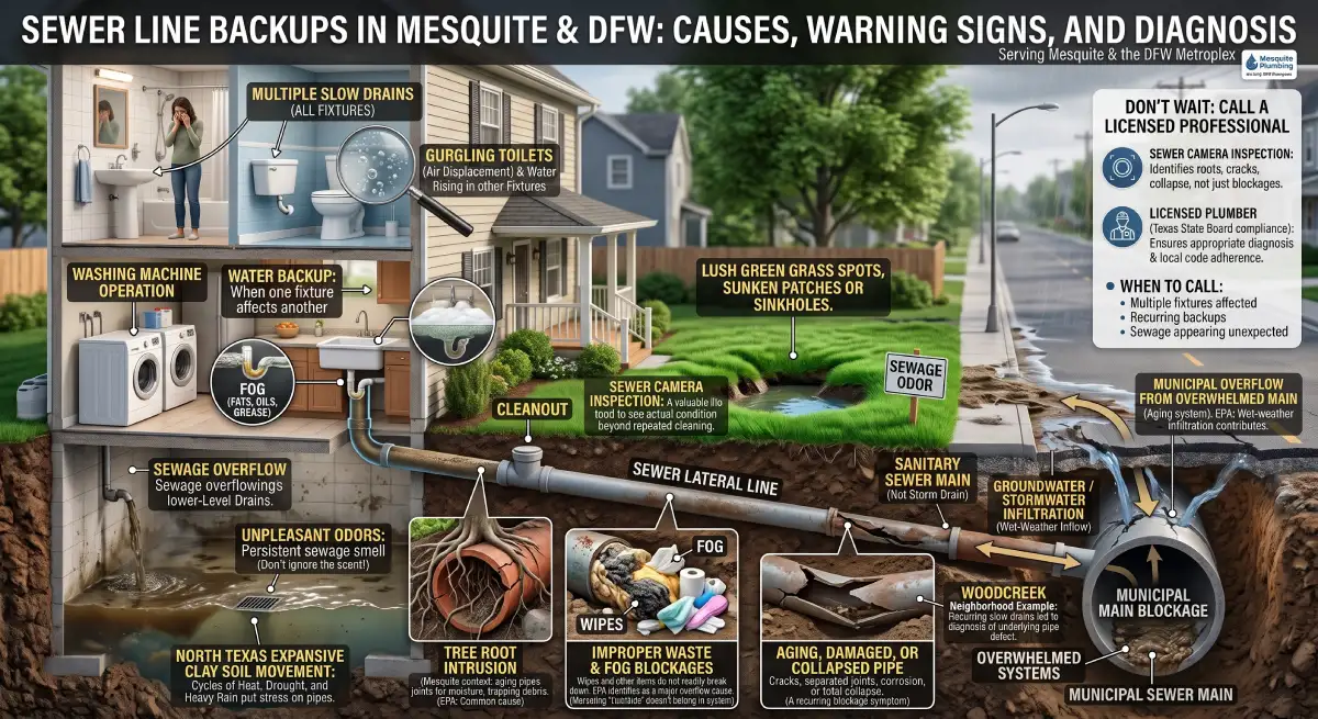 Sewer line backups: causes, warning signs graphic